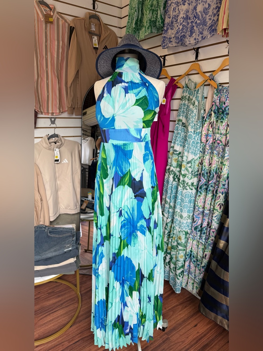 Eliza J Floral Pleated Halter Chiffon Maxi Dress Turquoise Blue Teal Size 4P